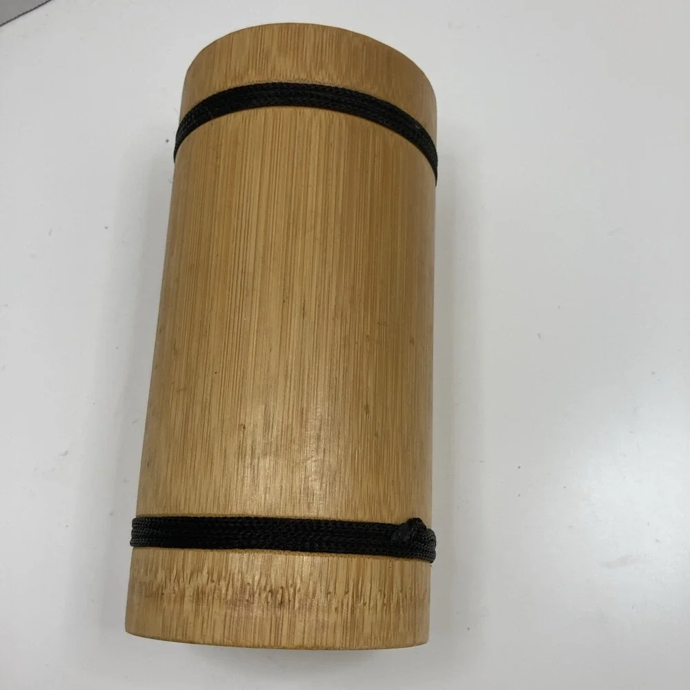 Natural Bamboo Cylinder Vase Decorative Container with Black Cord Accents 7.25in